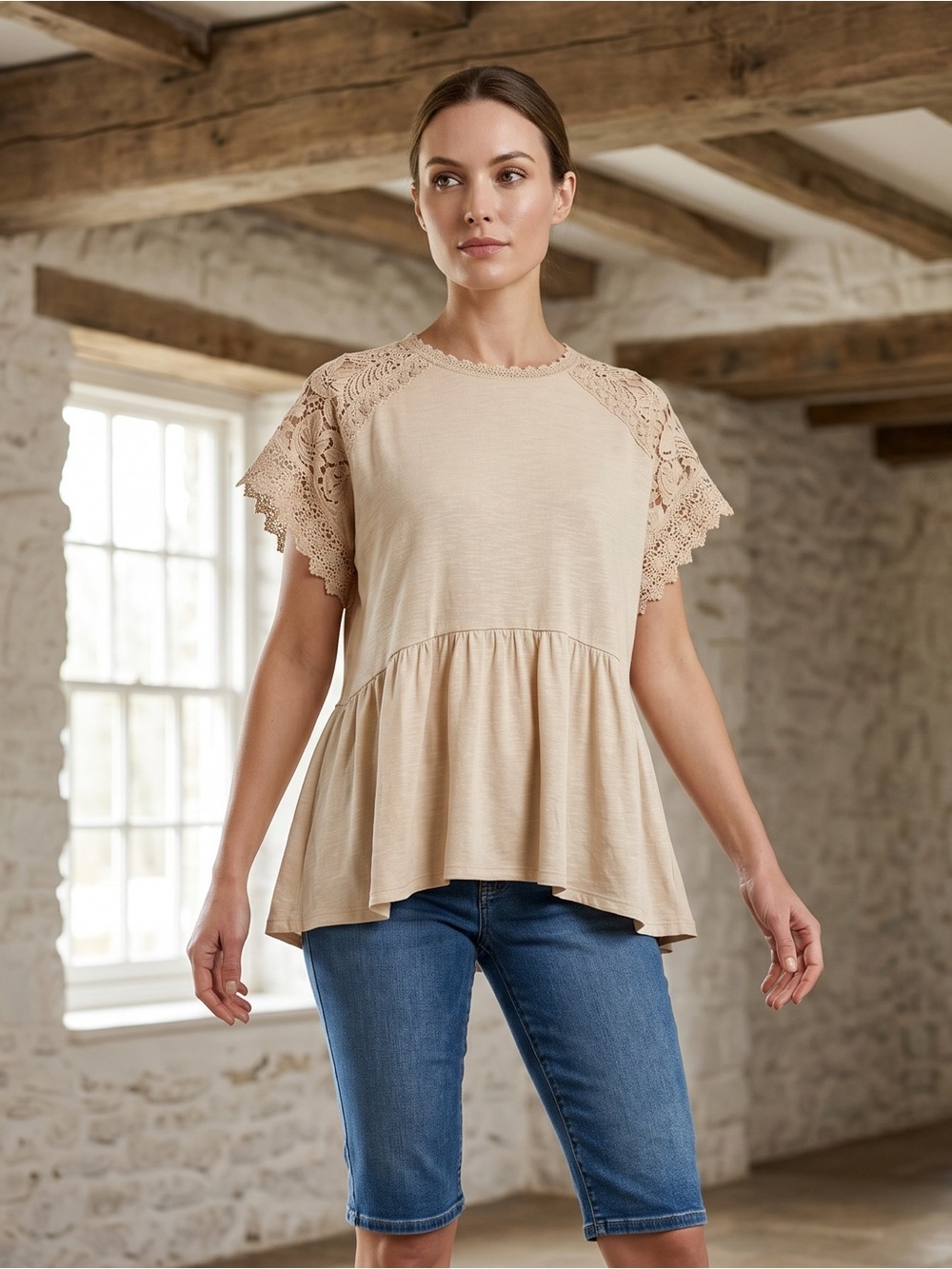 Feminine & Beautiful Beige Delicate Crocheted Lace-Trim Peplum Tunic Top